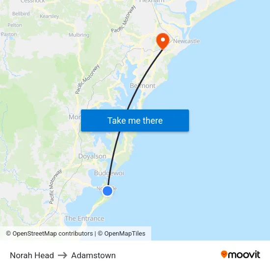 Norah Head to Adamstown map