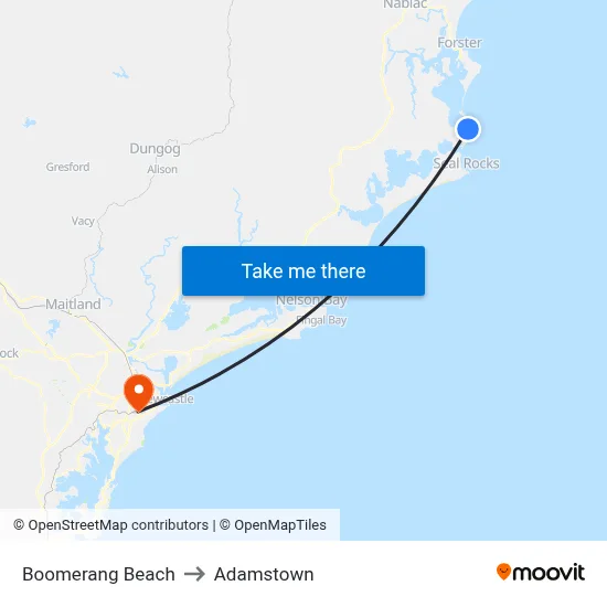Boomerang Beach to Adamstown map