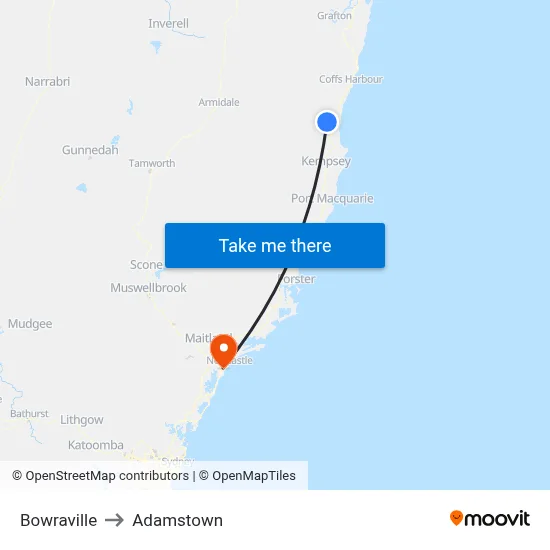 Bowraville to Adamstown map