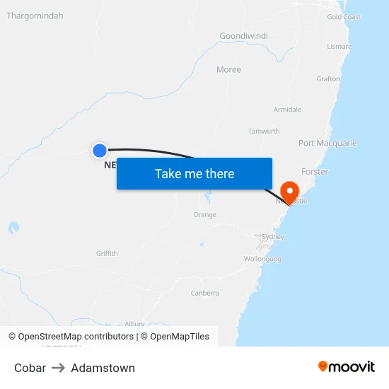 Cobar to Adamstown map
