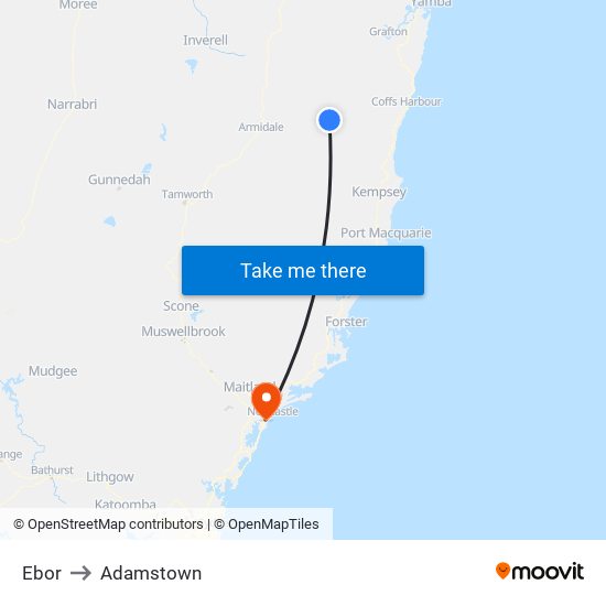 Ebor to Adamstown map