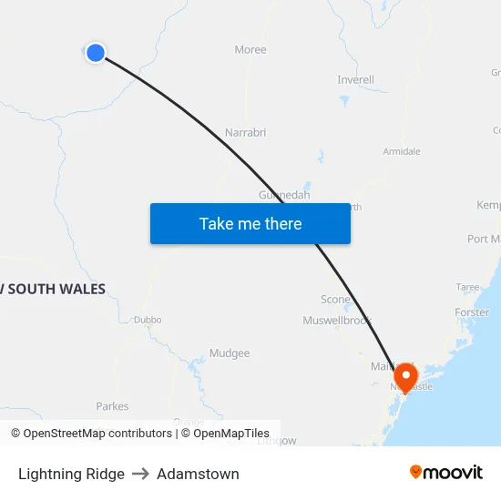 Lightning Ridge to Adamstown map