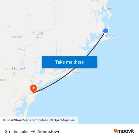 Smiths Lake to Adamstown map