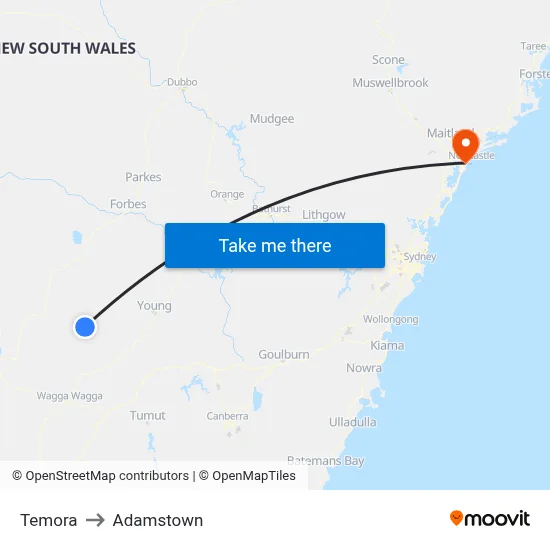 Temora to Adamstown map
