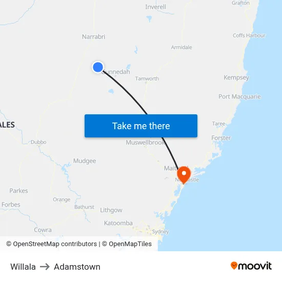 Willala to Adamstown map