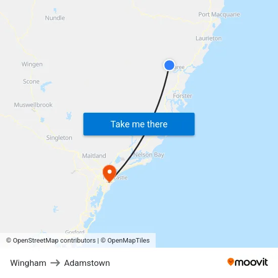 Wingham to Adamstown map