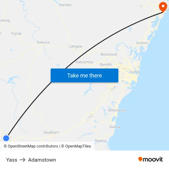 Yass to Adamstown map