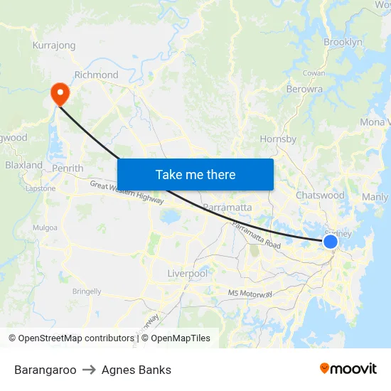 Barangaroo to Agnes Banks map