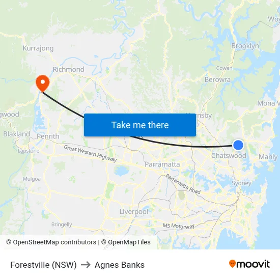 Forestville (NSW) to Agnes Banks map