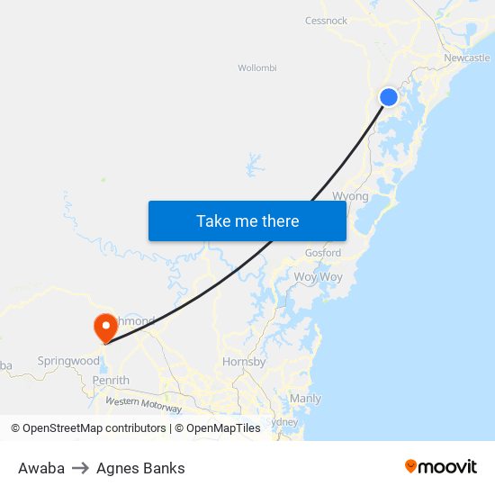 Awaba to Agnes Banks map