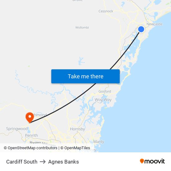 Cardiff South to Agnes Banks map