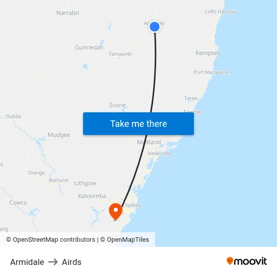 Armidale to Airds map