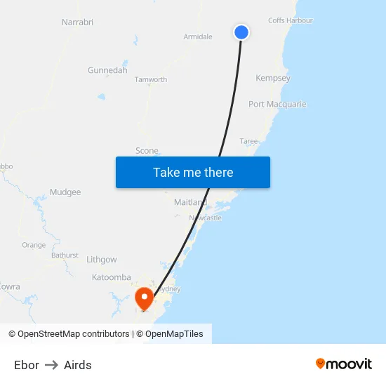 Ebor to Airds map