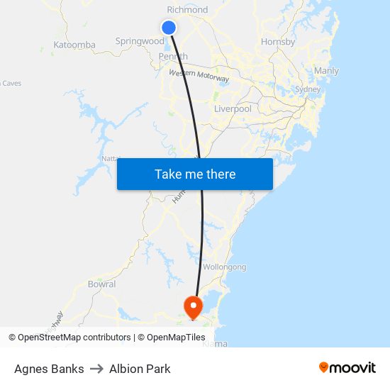 Agnes Banks to Albion Park map