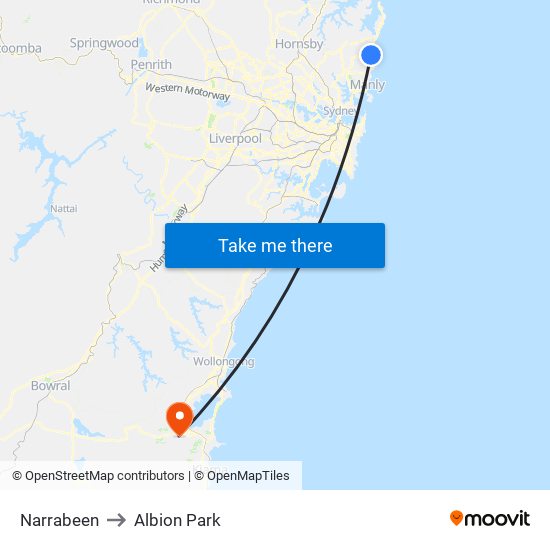 Narrabeen to Albion Park map