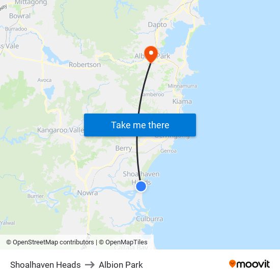 Shoalhaven Heads to Albion Park map
