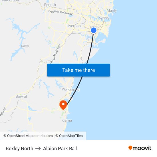 Bexley North to Albion Park Rail map