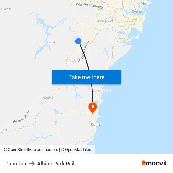 Camden to Albion Park Rail map