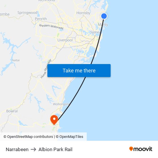 Narrabeen to Albion Park Rail map