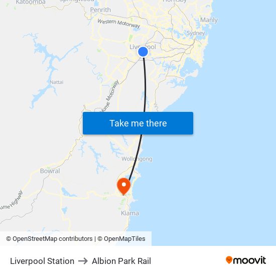 Liverpool Station to Albion Park Rail map