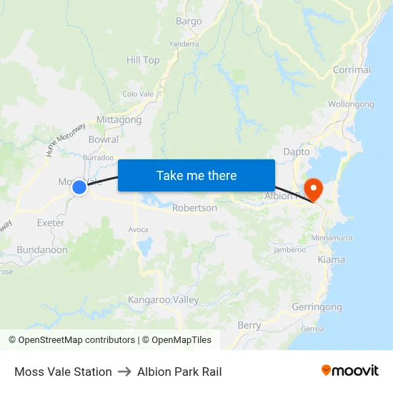 Moss Vale Station to Albion Park Rail map