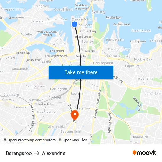 Barangaroo to Alexandria map