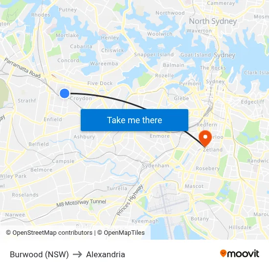 Burwood (NSW) to Alexandria map
