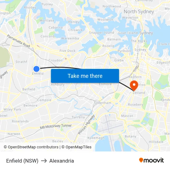 Enfield (NSW) to Alexandria map