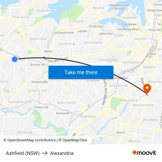 Ashfield (NSW) to Alexandria map