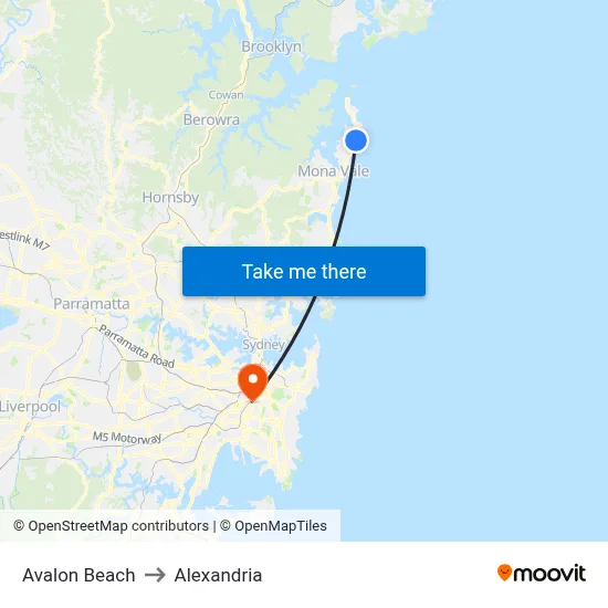 Avalon Beach to Alexandria map