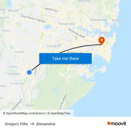 Gregory Hills to Alexandria map