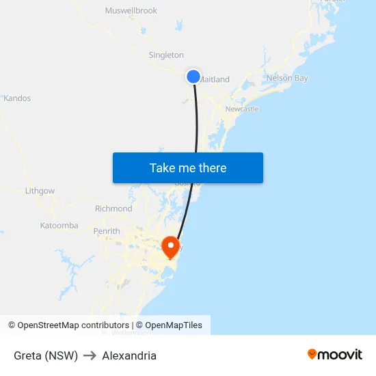 Greta (NSW) to Alexandria map