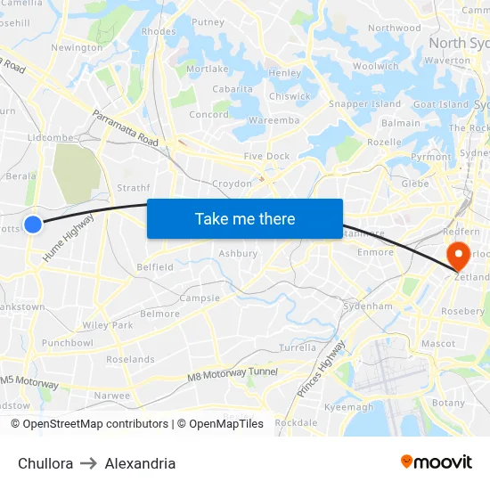 Chullora to Alexandria map