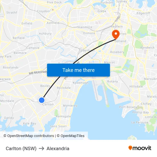 Carlton (NSW) to Alexandria map