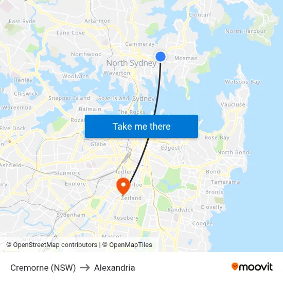 Cremorne (NSW) to Alexandria map