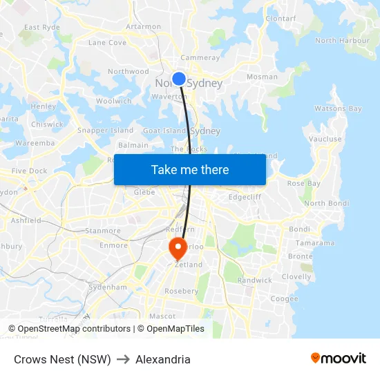Crows Nest (NSW) to Alexandria map