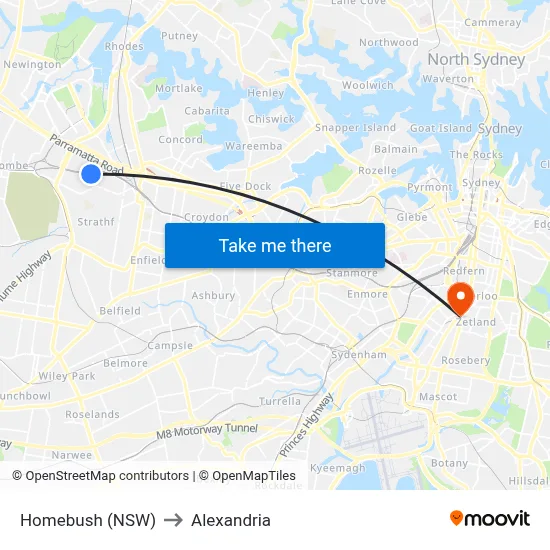 Homebush (NSW) to Alexandria map