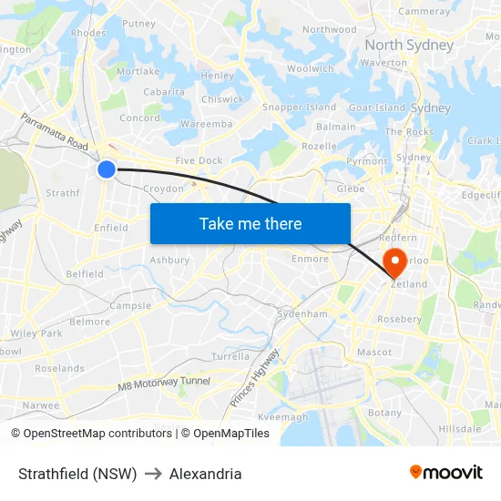 Strathfield (NSW) to Alexandria map