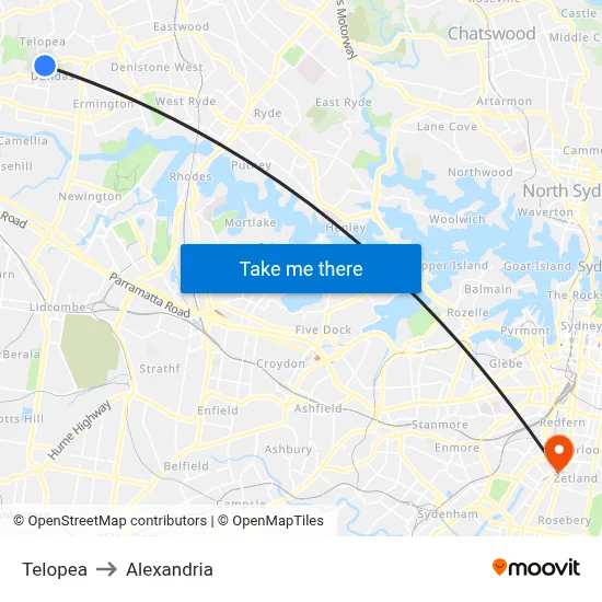 Telopea to Alexandria map