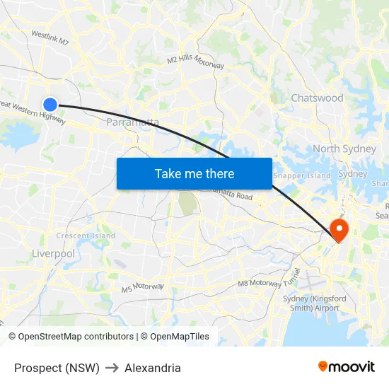 Prospect (NSW) to Alexandria map