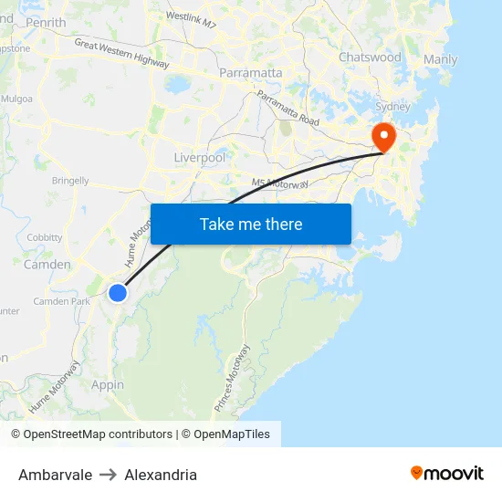 Ambarvale to Alexandria map
