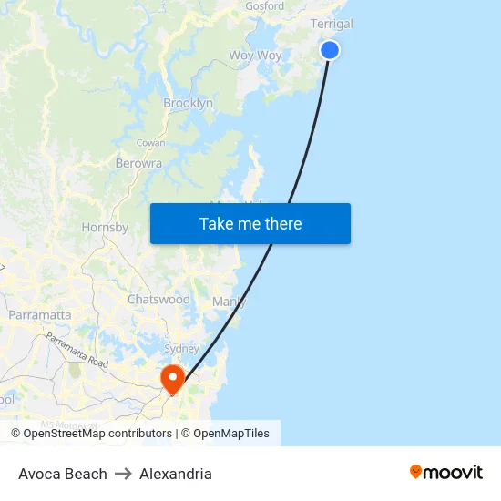 Avoca Beach to Alexandria map