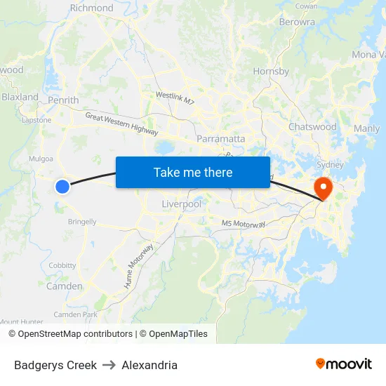 Badgerys Creek to Alexandria map