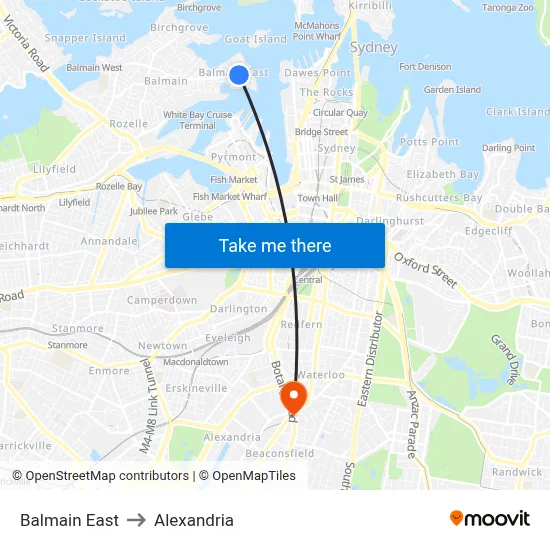 Balmain East to Alexandria map
