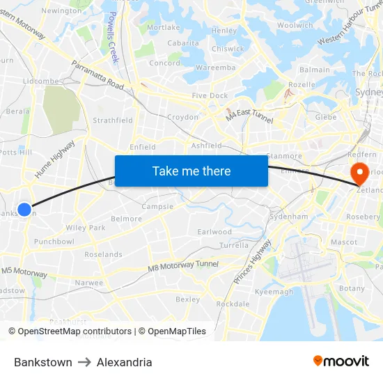 Bankstown to Alexandria map