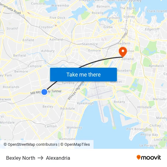 Bexley North to Alexandria map