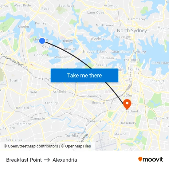 Breakfast Point to Alexandria map