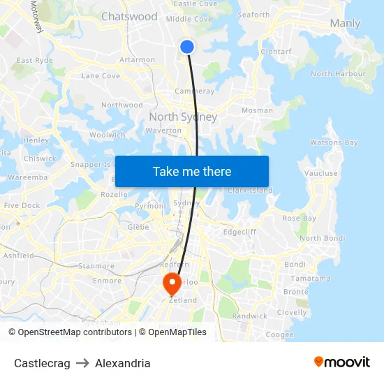 Castlecrag to Alexandria map