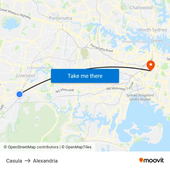 Casula to Alexandria map