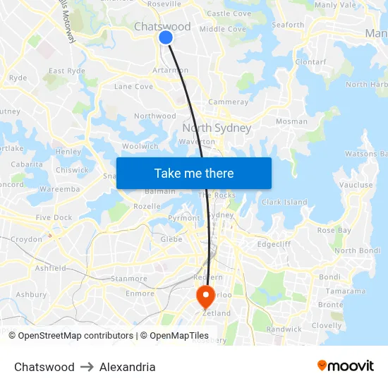 Chatswood to Alexandria map
